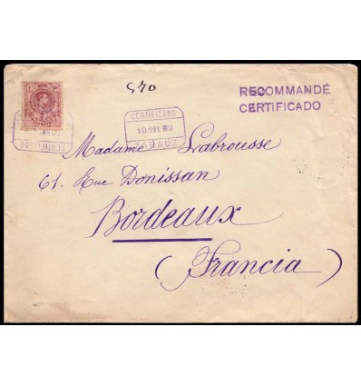 1922. Alfonso XIII. Medallón. Sobre certificado en azul Zarauz (Guipuzcoa). Doble porte. Ambuante ferrocarril. Edifil 278