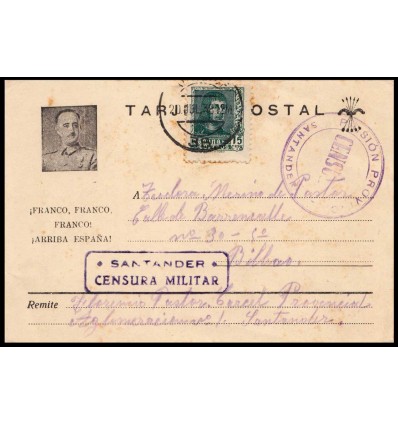 1938. Tarjeta postal patriótica Santander. Prisión provincial Santander. Censura. Edifil 841