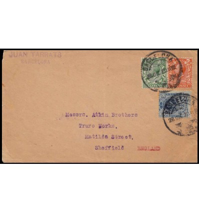 1920. Alfosno XIII. Medallón. Frontal Barcelona. Franqueo mixto Reino Unido. Edifil 274