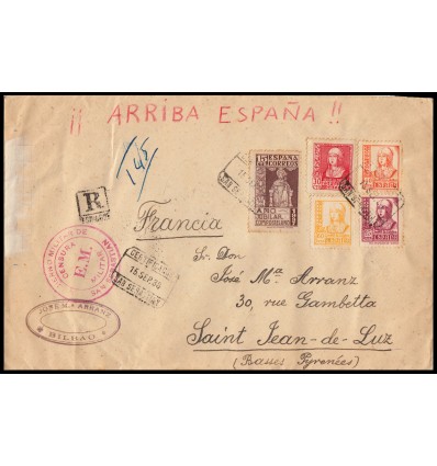 1938. Carta certificada San Sebastián. Censura. Viñetas Bilbao. Edifil 822, 824, 826, 833, 857