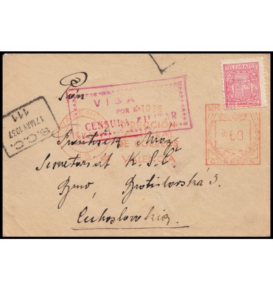 1937. Franqueo mecánico Brigadas Internacionales de Valencia. Censura. Sello telégrafos. Edifil 72
