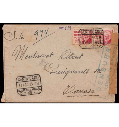 1938. Personajes. Guerra Civil. Sobre certificado Correo Campaña. Censura. Edifil 737
