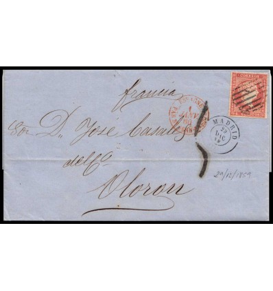 1859. Envuelta Madrid. Parrilla negra. Tasado por no existir convenio con Italia. Edifil 44
