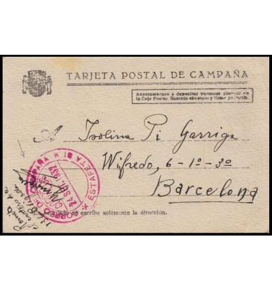 1937. Guerra civil. Tarjeta postal campaña. Del frente. Correo de campaña, estafeta 81. Franquicia. El Cartero 136 brigada