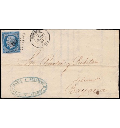 1861. Isabel II. Carta Irún (Guipúzcoa) a Bayona. Depositada en Francia