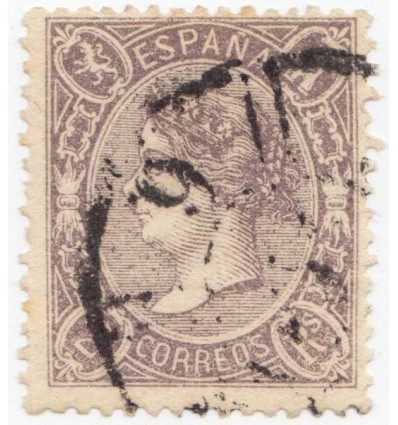 1865. Isabel II. Málaga. Rueda carreta modificada. Edifil 79 º