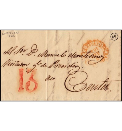 1845. Frontal Barcelona a Ceuta (raro destino). Baeza. Porteo 13