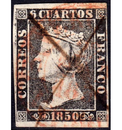 1850. Isabel II. Matasello baeza de Vergara (Vitoria, Guipuzcoa) y de tinta. Edifil 1.