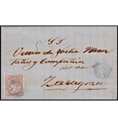 1866. Isabel II. Carta Tafalla (Navarra). Fechador azul. Edifil 98