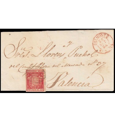 1854. Isabel II. Escudo España. Envuelta Belmonte (Cuenca). Parrilla. Edifil 24