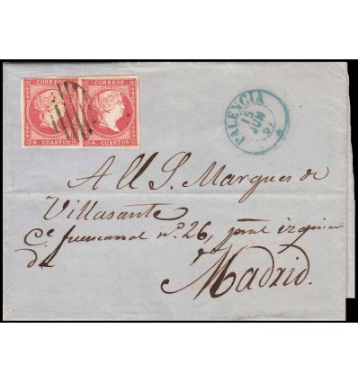 1857. Isabel II. Carta Carrión (Valencia). Fechador de Valencia. Doble porte. Edi