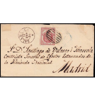 1855. Isabel II. Escudo. Envuelta Salamanca. Parrilla negra. Error fechador. Edifil 33