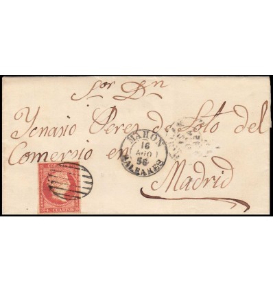 1856. Isabel II. Carta Mahón (Baleares). Parrilla negra. Edifil 48