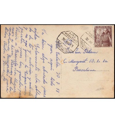 1951. Franco. Tarjeta postal Santa Eulalia. Ambulante marítimo Palma Mallorca, Ibiza, Valencia. Edifil 1027