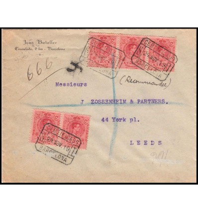 1919. Alfonso XIII. Medallón. Sobre certificado Barcelona. Edifl 269