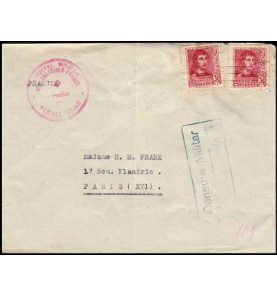 1938. Sobre Guerra Civil. Fernado Católico. Hospital Militar Generalísimo Franco. Censura. San Sebastián. Edifil 844A