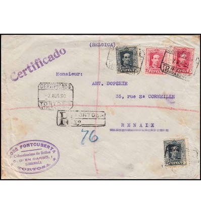 1930. Alfonso XIII. Vaquer. Sobre certificado Tortosa (Tarragona). Viñeta Gijón (Asturias). Edifil 315, 317