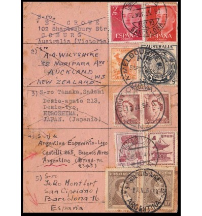 1955. Franco. Tarjeta postal esperantista Barcelona. Rara en época tan avanzada. Edifil 1153, 1157