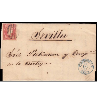 1857. Isabel II. Carta Puerto de Santa María (Cádiz). Parrilla negra. Edifil 48