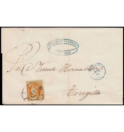 1861. Isabel II. Envuelta Badajoz. Rueda carreta. Edifl 52