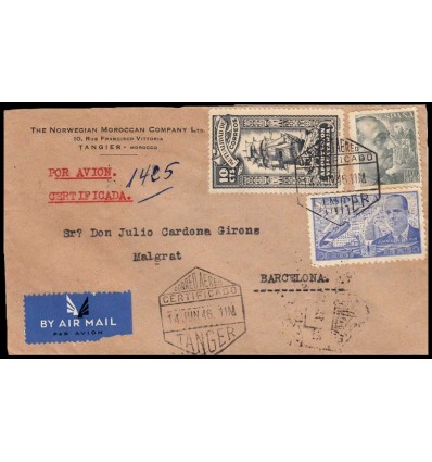 1946. Franco, Juan de la Cierva, Mutualidad. Sobre certificado Tanger. Correo aéreo. Edifil 925, 944, beneficencia