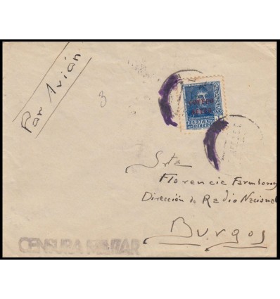 1938. Guerra Civil. Correo aéreo certificado Burgos. Raro. Matasello salida tachado. Censura. Edifil 846