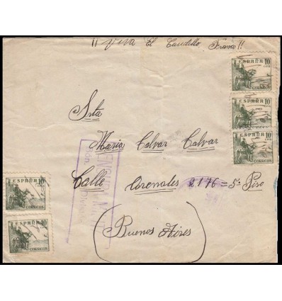 1939. Guerra Civil. Sobre con matasello de fecha manuscrito. Batallón 291, 2ª compañía. Censura manuscrita. Edifil 817