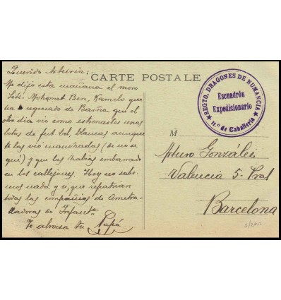1925. Tarjeta postal Alcazar (Marruecos). Guerra del Rif. Regimiento Dragones Numancia Caballería. Franquicia