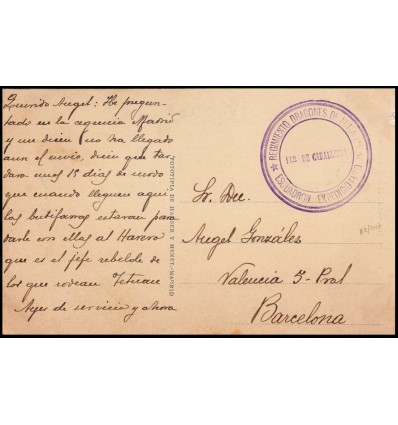 1925. Tarjeta postal Tetuan (Marruecos). Guerra del Rif. Regimiento Dragones Numancia Caballería. Franquicia