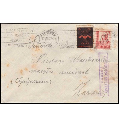 1937. Sobre Pamplona (Navarra). Censura llegada Zarauz (Guipúzcoa). Viñeta Falange. Edifil 823