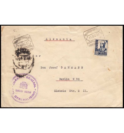 1937. Sobre Salamanca Cuartel General Generalísimo. Matasellos Servicio Postales. Censura. Edifil 825
