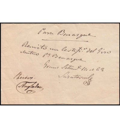 1868. Justificante recibí certificado Giro Mutuo. Graus a Benasque (Huesca)