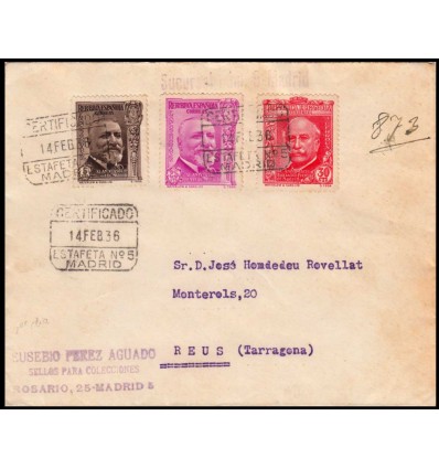 1936. Asociación Prensa. Sobre certificado Madrid. Primer día circulación. Edifil 697, 701, 702