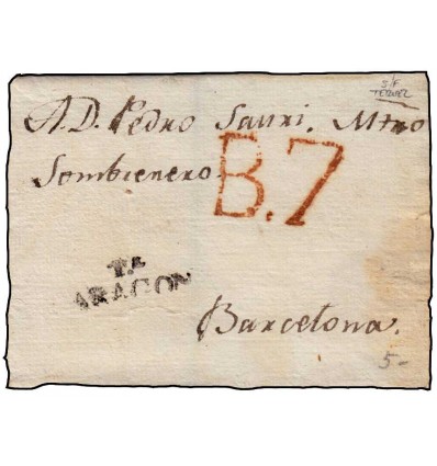 1835 ca. Prefilatelia. Envuelta Teruel (Aragón). Porteo 7 de Barcelona