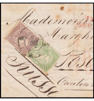 1865. Fragmento Valladolid a Suiza. Rueda carreta 14. Franqueo insuficiente y tasada 10