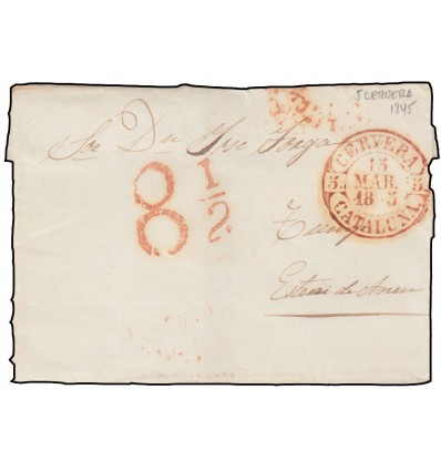 1845. Prefilatelia. Envuelta Cervera (Lérida). Porteo 8 1/2
