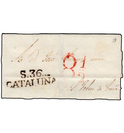 1825 ca. Prefilatelia. Envuelta Sitges (Barcelona). Porteo 8 1/2
