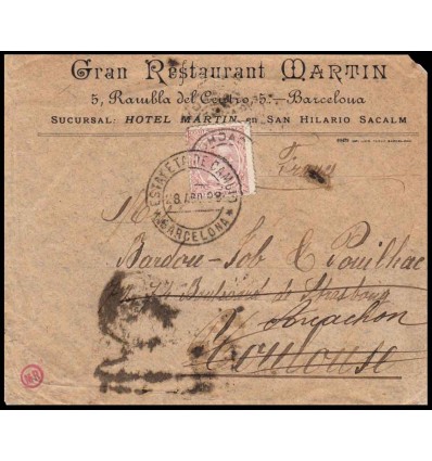 1898. Alfonso XIII. Pelón. Sobre Barcelona a Francia reexpedida. Doble porte. Edifil 224