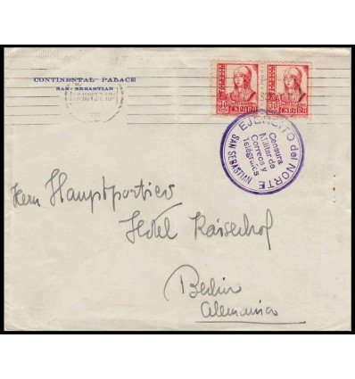 1937. Isabel la Católica. Guerra Civil. Sobre San Sebastián. Marca Ejército del Norte Censura. Edifil 823