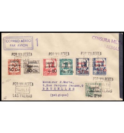 1937. Cifras, Isabel, Cid. Sobre Las Palmas (Canarias). Correo aéreo. Censura. Edifil 23, 25-30