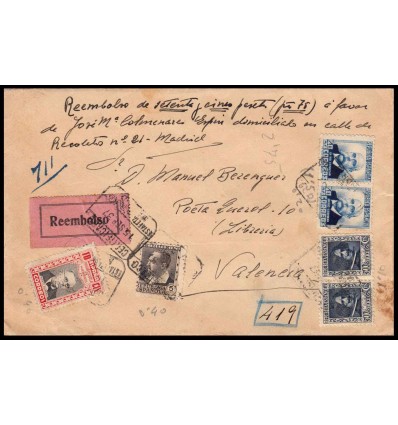 1937. Sobre reembolso Madrid. Edifil 681, 670, 692, beneficencia 13