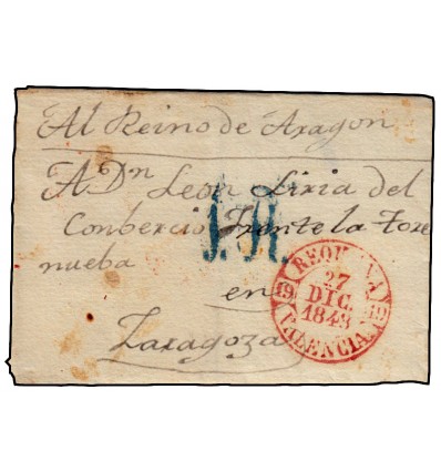 1848. Prefilatelia. Envuelta Requena (Valencia). Baeza. Porteo