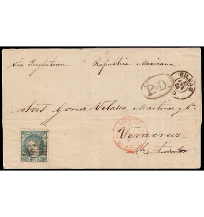 1872. Matrona. Gobierno provisional. Envuelta Bilbao (Vizcaya) a Veracruz (Méjico). Edifil 110