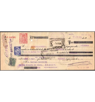 1938. Letra de cambio. Timbre móvil y sello benéfico nacional de Auxilio desvalidos. Constantina (Sevilla)