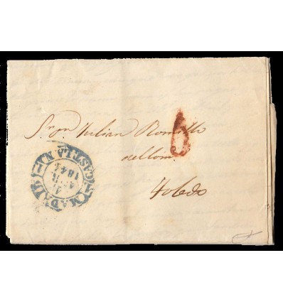 1844. Carta de Madrid a Toledo. Baeza azul de 1 de abril