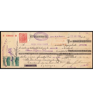 1938. Letra de cambio. Sello benéfico nacional de Beneficencia. Jerez de la Frontera (Cádiz)