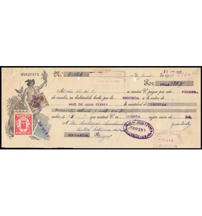 1937. Letra de cambio. Timbre móvil y sello cruzada contra el frío. Santo Domingo de la Calzada (Rioja)