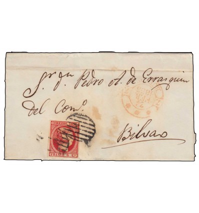 1853. Edifil 17. Envuelta Burgos. Doble parrilla negra y baeza rojo