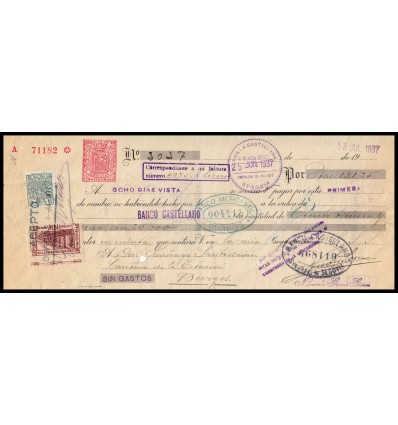 1937. Letra de cambio. Especial móvil y suscripción patriótica. Variedad dentado. Segovia