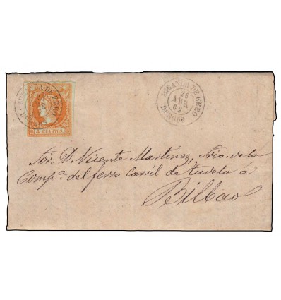 1862. Edifil 52. Carta Miranda de Ebro (Burgos). Fechador tipo II negro. Ferrocarril.